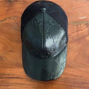 Gucci Black Embossed GG Leather Mesh Baseball Cap